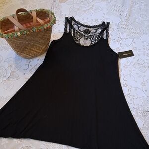 Black Crochet-Yoke Sleeveless Top or Beach Coverup, SM with Jones NY  Straw Bag